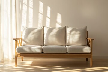 Cozy sofa bathed in soft sunlight, creating serene atmosphere in