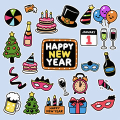 Happy New Year Party Doodle Clipart Set Vector Illustrations Greeting Cards Decoration