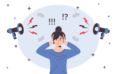 Female character plugs ears hands. Lots information around. Noisy news background. Woman covered ears her hands. Lots different information. Emotional stress. Vector illustration on white background.