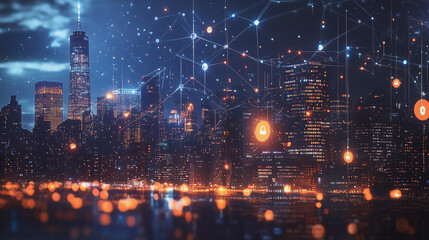 Fototapeta premium Smart digital Innovation city with connection network reciprocity over the cityscape. of future smart wireless digital city and social media networking systems that connects people with in city