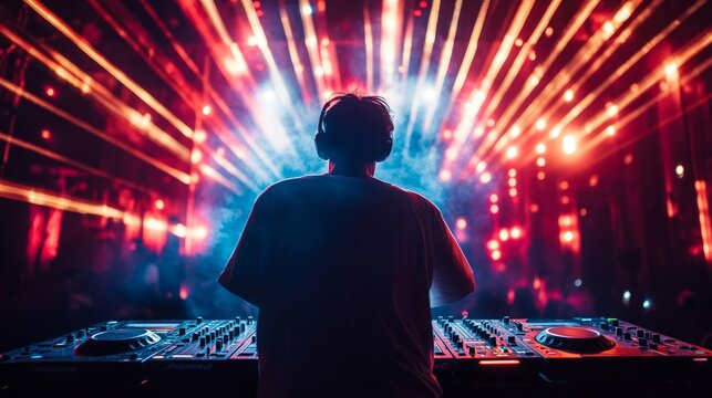 Action-packed image showing a DJ immersed in vibrant colors and dazzling lights as they energetically perform at a lively club, igniting the party atmosphere.