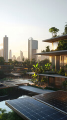 Futuristic solar array enhances rooftop design in green urban architecture. Generative AI