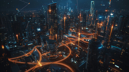 Obraz premium Smart digital Innovation city with connection network reciprocity over the cityscape. of future smart wireless digital city and social media networking systems that connects people with in city