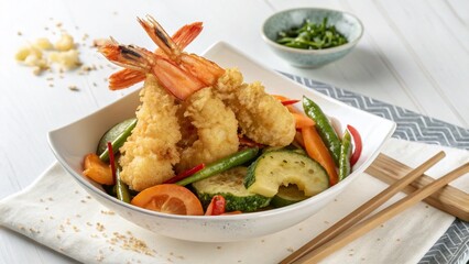 Fototapeta premium Crispy Tempura Shrimp and Vegetables: Overhead Studio Shot on White Background