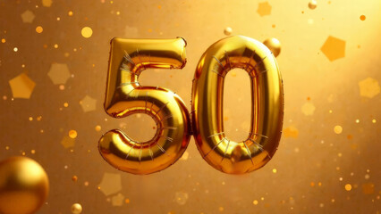Inscription 50 made of gold balloons with bokeh.
