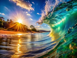 Crystal Beach Wave Crash: Glassy Ocean Water Breaking on Sparkling Sand