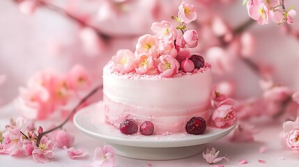 Naklejka premium Deliciously Delicate Pink Cake Photo: Close-up Shot with Cherry Blossoms. AI Generated