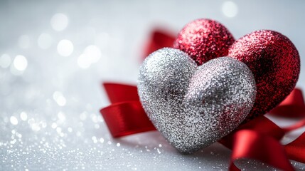 Glittery red and silver hearts resting with a red ribbon against a sparkling bokeh background, capturing joyous celebration and delightful festive elegance.