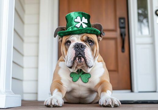 Adorable Bulldog Celebrating St. Patrick's Day with Green Hat and Shamrock Accessories on a Cozy Porch Setting
