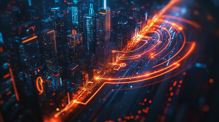 Obraz premium Smart digital Innovation city with connection network reciprocity over the cityscape. of future smart wireless digital city and social media networking systems that connects people with in city