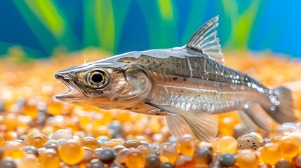 Naklejka premium Freshwater Fish Swimming Above Colorful Fish Eggs in Aquarium