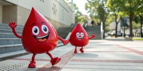 Cute Cartoon Blood Drops Donating Blood, Happy Characters Illustration