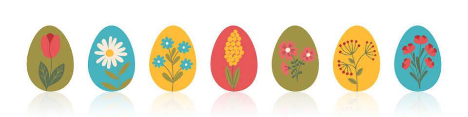 Set of Easter eggs decorated with flowers isolated on white. Colored Easter eggs cliparts. Vector flat style collection.