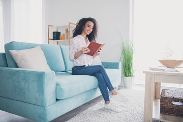 Full body portrait of nice young woman read book sofa free time modern interior flat indoors