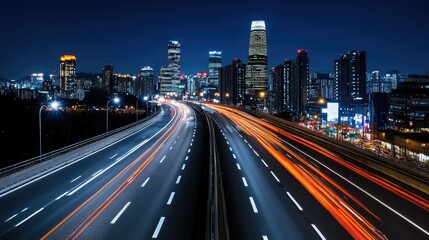 Fototapeta premium Stunning Nighttime Cityscape with Illuminated Skyscrapers and Light Trails on a Busy Highway