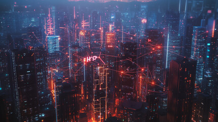 Fototapeta premium Smart digital Innovation city with connection network reciprocity over the cityscape. of future smart wireless digital city and social media networking systems that connects people with in city