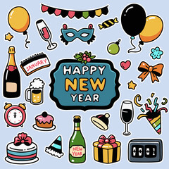 Happy New Year Party Doodle Clipart Set Vector Illustrations Greeting Cards Decoration