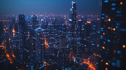 Fototapeta premium Smart digital Innovation city with connection network reciprocity over the cityscape. of future smart wireless digital city and social media networking systems that connects people with in city