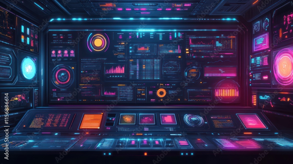 Poster futuristic control room with vibrant displays showing data and graphs. (1)