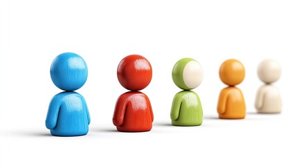 Colorful Wooden Figures in a Row Symbolizing Diversity and Teamwork on a White Background
