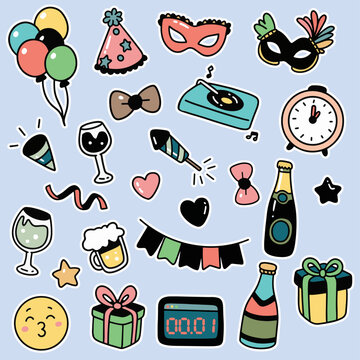 Happy New Year Party Doodle Clipart Set Vector Illustrations Greeting Cards Decoration