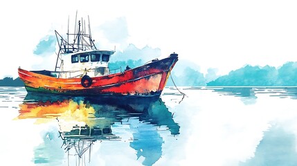 Obraz premium Vibrant Watercolor Illustration: Serene Fishing Boat at Dawn. AI Generated