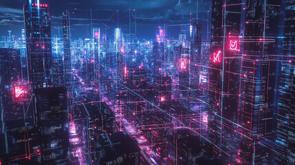 Smart digital Innovation city with connection network reciprocity over the cityscape. of future smart wireless digital city and social media networking systems that connects people with in city