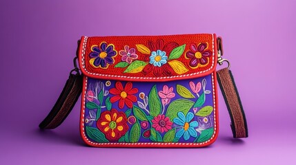 Colorful Embroidered Handbag with Floral Design on Purple Background