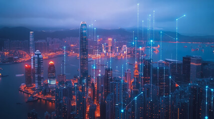 Fototapeta premium Smart digital Innovation city with connection network reciprocity over the cityscape. of future smart wireless digital city and social media networking systems that connects people with in city