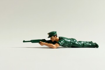 Toy Soldier in Green Uniform Aiming Rifle in Prone Position on Neutral Background for Military-Themed Projects and Illustrations