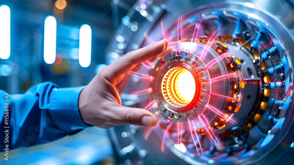 Poster futuristic technology interaction with power source in workshop