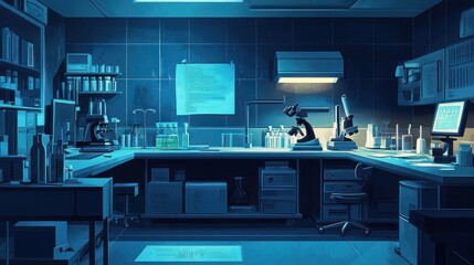 Nighttime lab interior with microscopes, equipment, and computer.