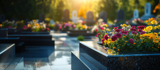 Cemetery with tombstones and colorful flowers in sunlight. Tranquil and serene atmosphere, symbolizing remembrance, grief, and peace.