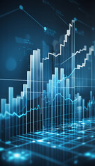 blue finance graph and investment bar showcasing growth and success in the market with technology and currency reports