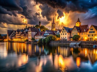 Fototapeta premium Dark Medieval Coastal Town at Night, Dramatic Sky, Glowing Windows