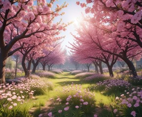 Fototapeta premium Spring flower garden with blooming pink blossoms, spring blossoms,