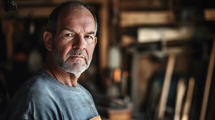 Obraz premium Close-up Photo: Intensely Focused Craftsman in Rustic Workshop. AI Generated