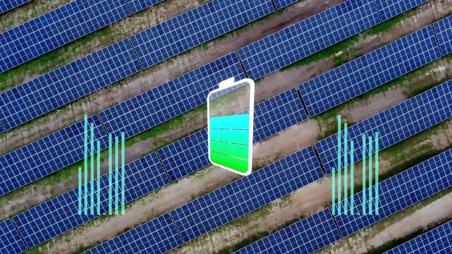 Aerial view over solar panel arrays on a renewable energy farm. Charging battery visualisation.
