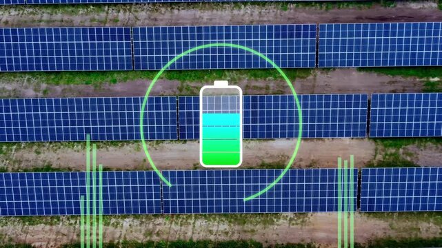 Sustainable energy farm. Solar panel  Green energy charging battery animation.