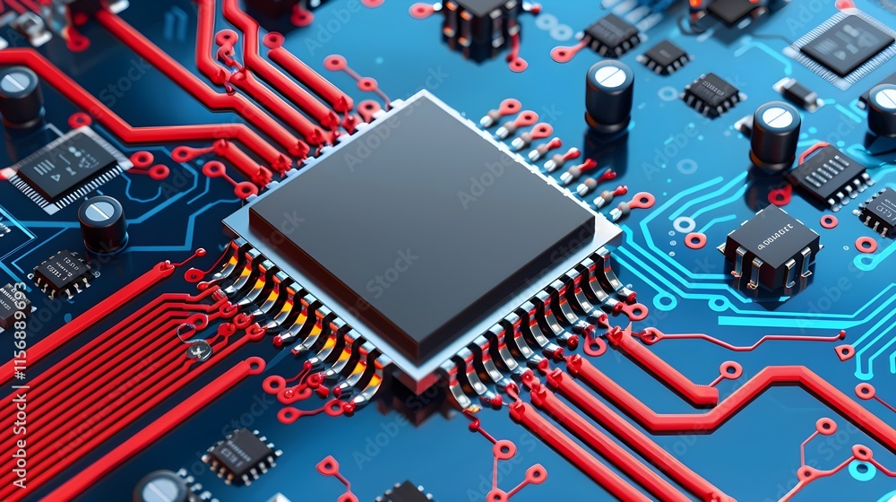 Poster close-up of circuit board with microchip and colorful wiring