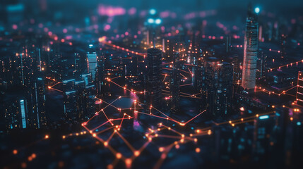 Fototapeta premium smart, digital, city, connection, network, innovation, Smart digital Innovation city with connection network reciprocity over the cityscape. of future smart wireless digital city and social media netw