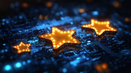 A collection of illuminated star shapes set against a dark, detailed circuit board pattern, embodying a blend of futuristic technology and abstract creativity.