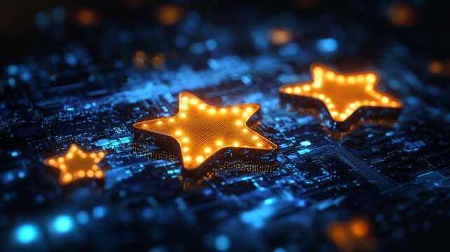 A collection of illuminated star shapes set against a dark, detailed circuit board pattern, embodying a blend of futuristic technology and abstract creativity.