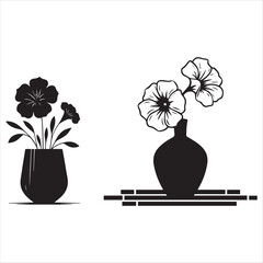 Black and white illustration of flowers in a vase. vector silhouette on a white background