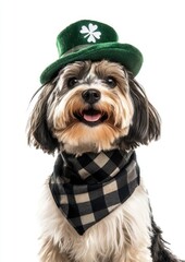 Adorable Dog Wearing Green Hat with Shamrock and Black Plaid Scarf for St. Patrick's Day Celebration, Smiling Enthusiastically in Studio Setting