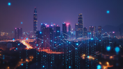 Fototapeta premium smart, digital, city, connection, network, innovation, Smart digital Innovation city with connection network reciprocity over the cityscape. of future smart wireless digital city and social media netw