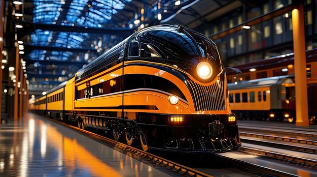 Vintage Streamlined Locomotive in Modern Train Station with Dramatic Lighting and Reflections