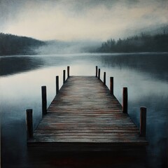 Obraz premium Misty Lake and Wooden Dock: A Serene Landscape
