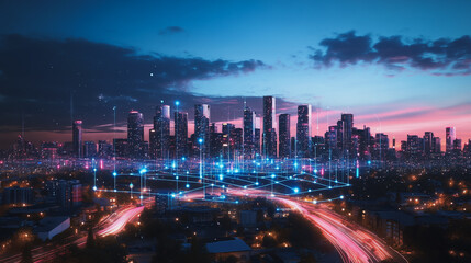 Obraz premium smart, digital, city, connection, network, innovation, Smart digital Innovation city with connection network reciprocity over the cityscape. of future smart wireless digital city and social media netw
