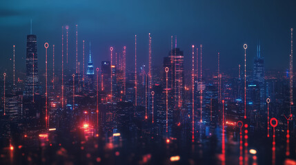 Fototapeta premium smart, digital, city, connection, network, innovation, Smart digital Innovation city with connection network reciprocity over the cityscape. of future smart wireless digital city and social media netw